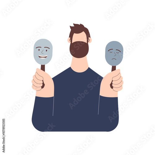 Mood disorder. Man choosing between two mood extremes masks. Modern flat vector illustration