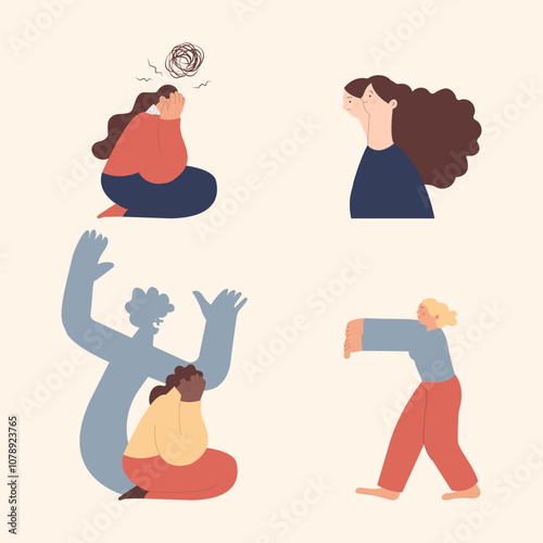 Collection of mental disorder cartoons. Self doubt, Bipolar disorder, Fear, Sleepwalking. Modern flat vector illustration