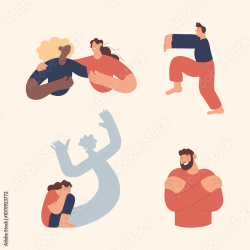 Collection of mental disorder cartoons. Empathy, Sleepwalking, Fear, Self love. Modern flat vector illustration