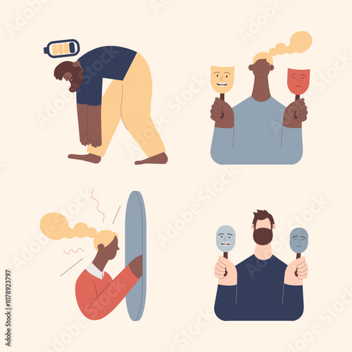 Collection of mental disorder cartoons. Apathy, Mood disorder, Inner monologue. Modern flat vector illustration