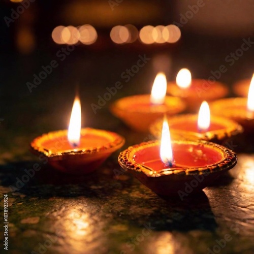 A close-up photo of a row of glowing diyas captured at eye level. The rack focus emphasizes the first diya, with the light from the others gradually blurring into a soft, warm bokeh, highlighting the  photo