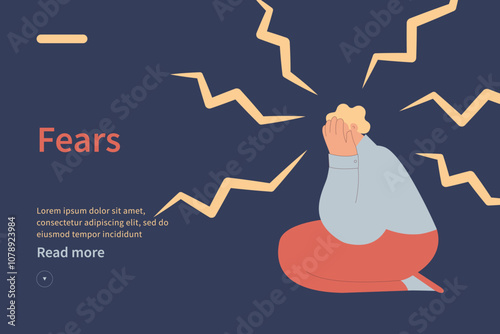 Fears website concept. Emotional burnout, depression and fatigue guy. Young man feeling exhausted. Modern flat vector illustration