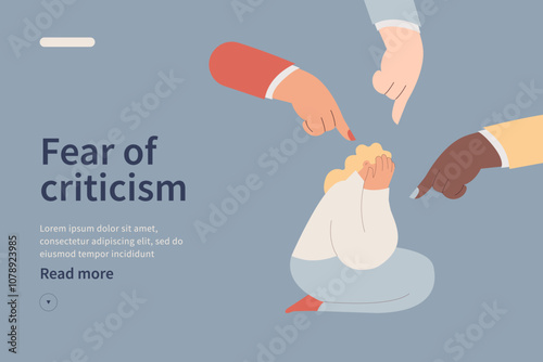 Fear of criticism website concept. The depressed woman is surrounded by mocking gestures. Anxious about other people judging, evaluating, blaming. Modern flat vector illustration.