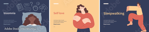Collection of banners. Insomnia, Self love, Sleepwalking. Mental disorders. Modern flat vector illustrations