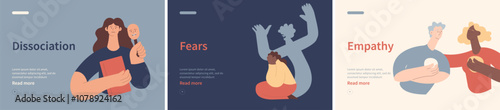 Collection of banners. Dissociation, Fears, Empathy. Mental disorders. Modern flat vector illustrations