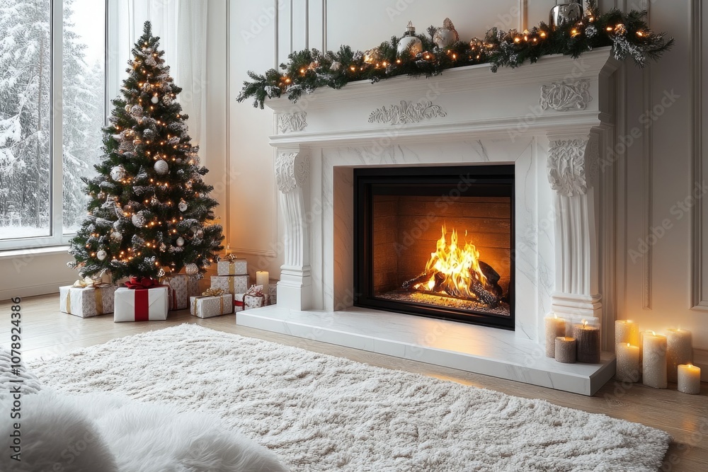 White fireplace with Christmas tree and decorations in the bright living room, festive interior design