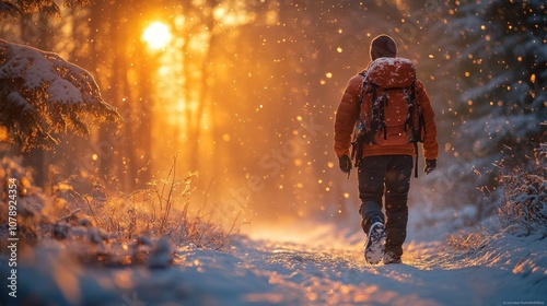 A person walking through a snowy forest at sunset.