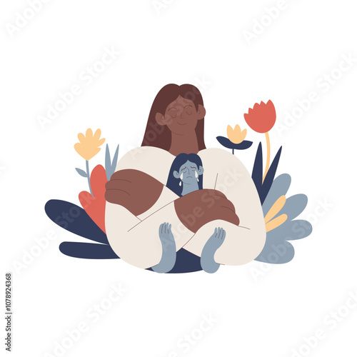 Support your inner child concept. Mental health problems. Blooming flowers on a background. Modern flat vector illustration