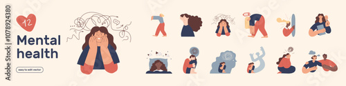 Mental health and psychology set. Different mental health problems, psychological disorders, treatment techniques. Modern vector illustrations