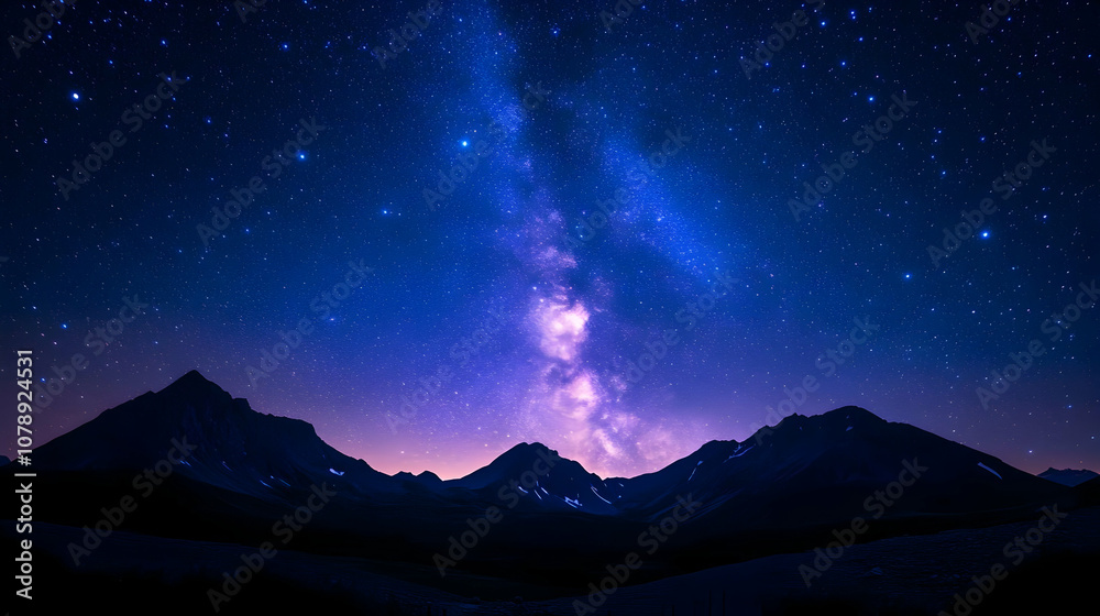 A Night Sky with the Milky Way over Silhouetted Mountains, a Cosmic Landscape of Stars and Peaks A Night Sky with the Milky Way over Silhouetted Mountains, a Cosmic Landscape of Stars and Peaks