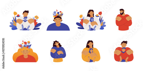 Mental health and psychology set. Different mental health problems, mindfulness, treatment techniques. Modern vector illustrations