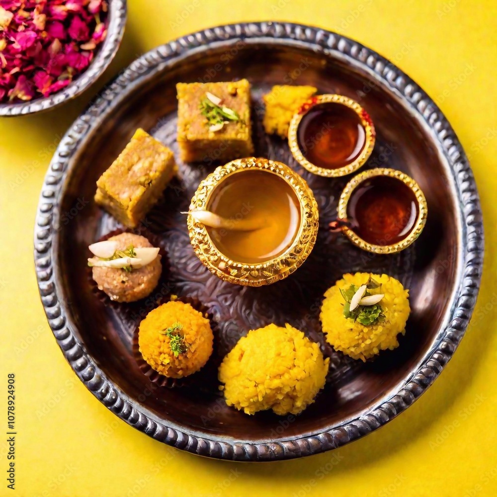 Pop art style at eye level, using rack focus to highlight a beautifully arranged thali of Diwali treats. Sooji Halwa Pop art style at eye level, using rack focus to highlight a beautifully arranged thali of Diwali treats. Sooji Halwa
