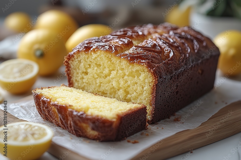 A slice of lemon cake is cut in half and placed on a wooden cutting board