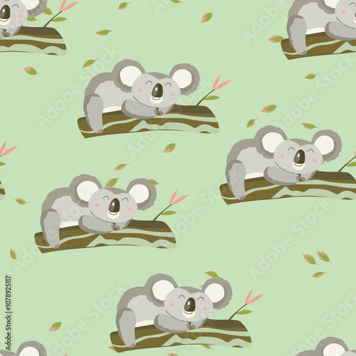 Seamless pattern with cute koala baby on color background. Funny australian animals. Card, postcards for kids. Flat vector illustration for fabric, textile, wallpaper, poster, paper photo