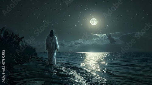 Jesus with an inviting hand extended toward the viewer, walking on a peaceful moonlit sea, soft light from the full moon reflecting on the water, stars shining in the dark sky,