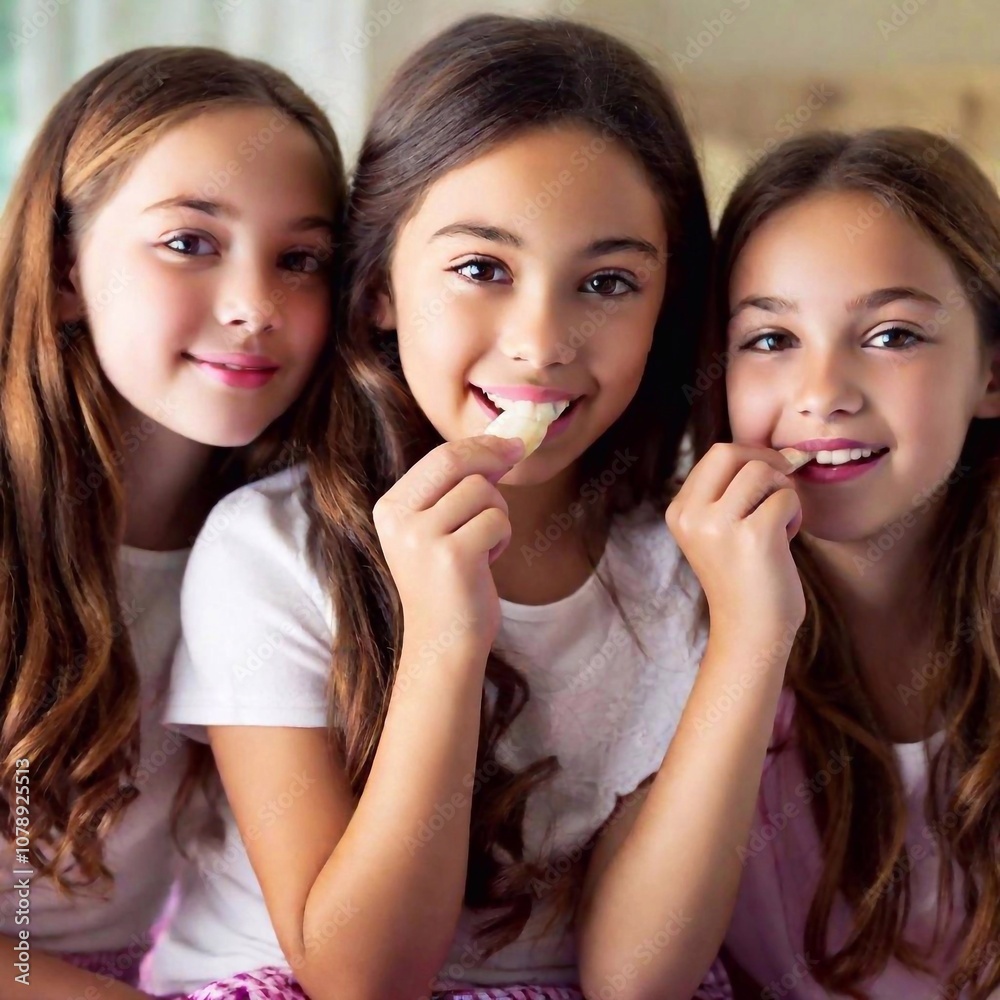 portrait of three beautiful girls smiling and eating chocolate candy portrait of three beautiful girls smiling and eating chocolate candy