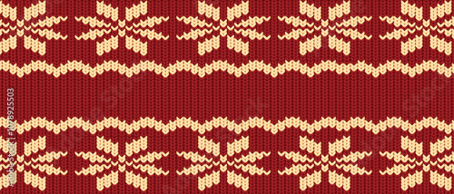 Vector horizontal knitting red wool background. Crocheted fabric winter sweater design texture for wallpaper, background, web page backdrop, wrapping paper. Nordic knitted pattern with snowflakes 