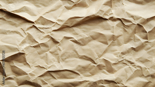 A Close-Up View of a Crumpled Brown Paper Texture with Deep Creases and Wrinkles, Showing the Natural Grain of the Paper, Ideal for Background or Design Use.