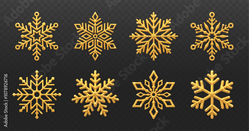 Gold Snowflakes set. Sparkling golden snowflakes with glitter texture isolated on transparent background. Merry Christmas and happy new year greeting card design element. Vector illustration.