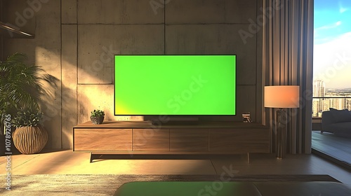 Television with green screen on a sleek TV stand in a contemporary lounge area