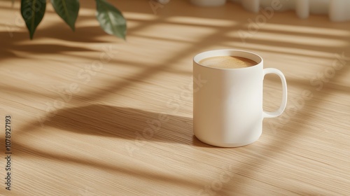 Mockup product concept, A white cup of coffee sits on a textured surface, illuminated by soft light that creates gentle shadows from nearby plants.