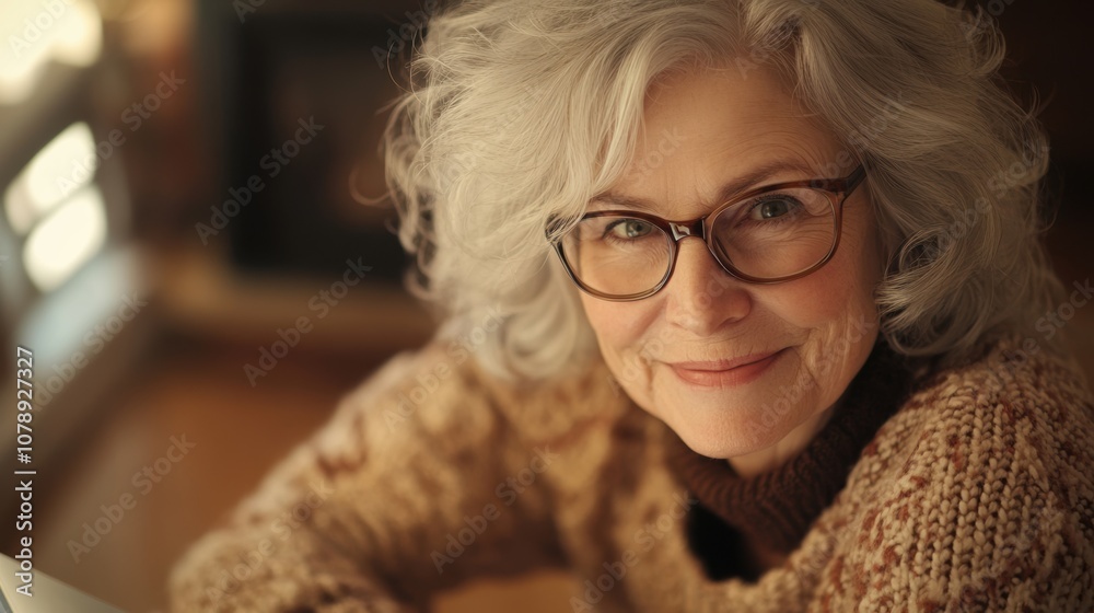 Close-up of an elderly woman with silver hair and glasses, smiling while streaming on her laptop, wearing a cozy sweater in a homely setting with soft morning sunlight through the window. Close-up of an elderly woman with silver hair and glasses, smiling while streaming on her laptop, wearing a cozy sweater in a homely setting with soft morning sunlight through the window.
