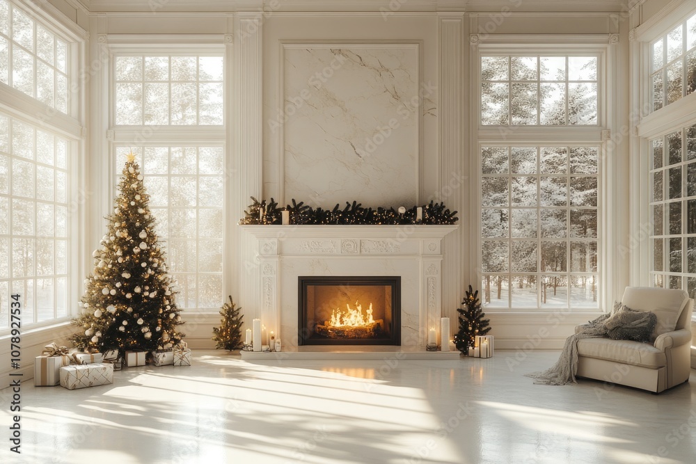 White fireplace with Christmas tree and decorations in the bright living room, festive interior design White fireplace with Christmas tree and decorations in the bright living room, festive interior design