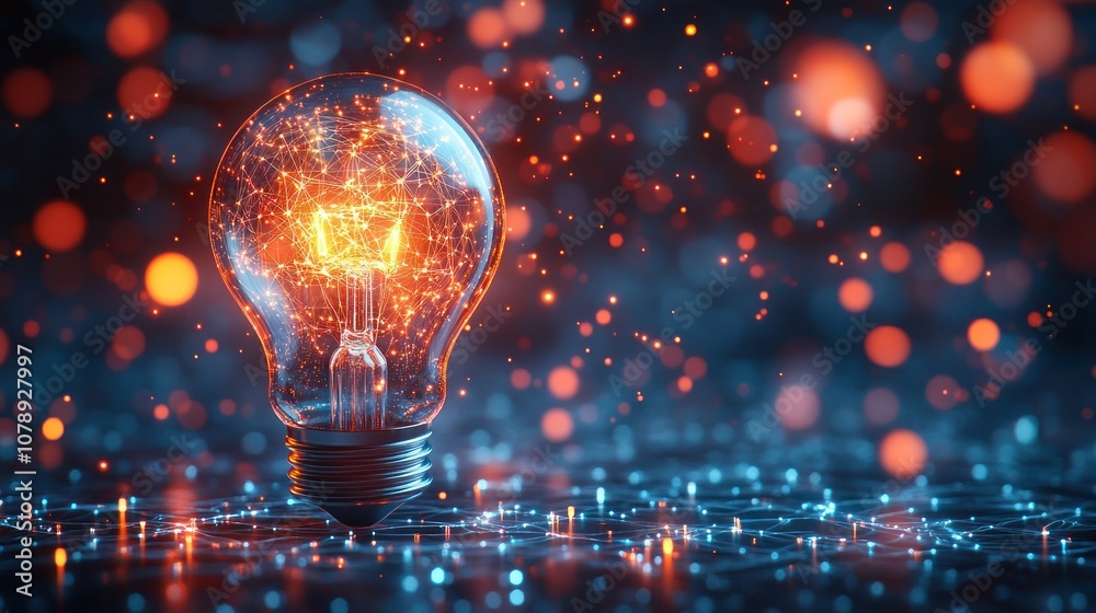 Glowing light bulb with sparks and bokeh background.