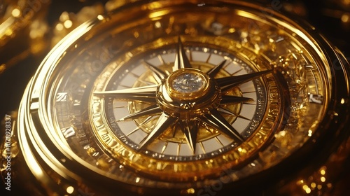 Golden compass pointing to wealth and finance