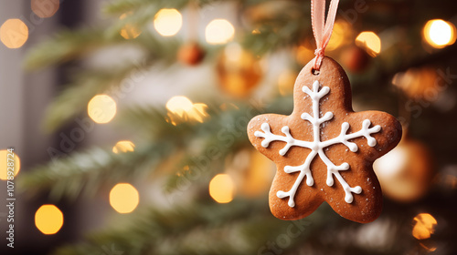 Gingerbread Cookie Hanging From A Christmas Tree