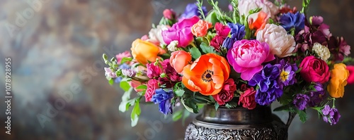 A vibrant floral arrangement in a vintage vase. Perfect for home decor and elegance themes.