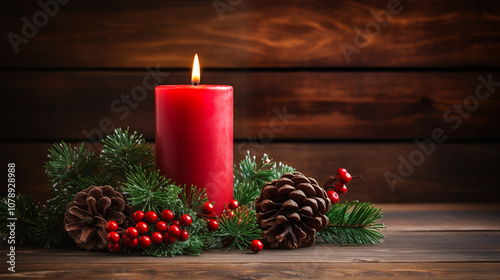 Christmas Candle and Pine cones photo