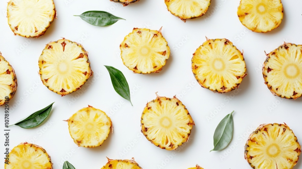 Fresh Pineapple Slices Pattern on White Background