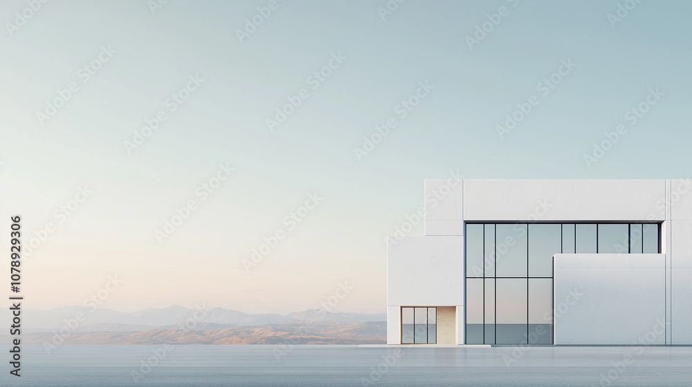 A large white building with a glass facade sits on a vast, empty plain A large white building with a glass facade sits on a vast, empty plain