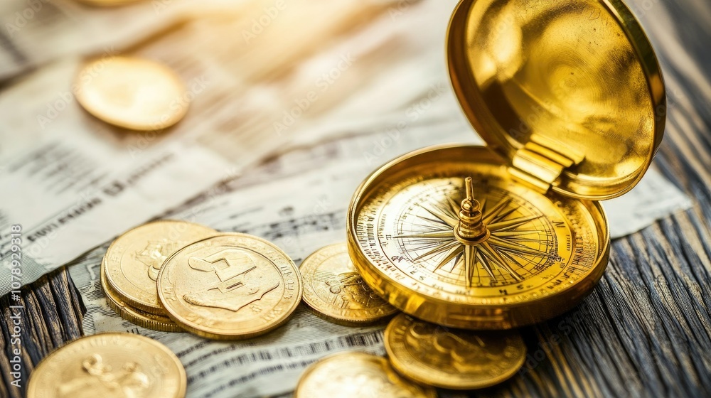 Golden compass pointing to wealth and finance Golden compass pointing to wealth and finance