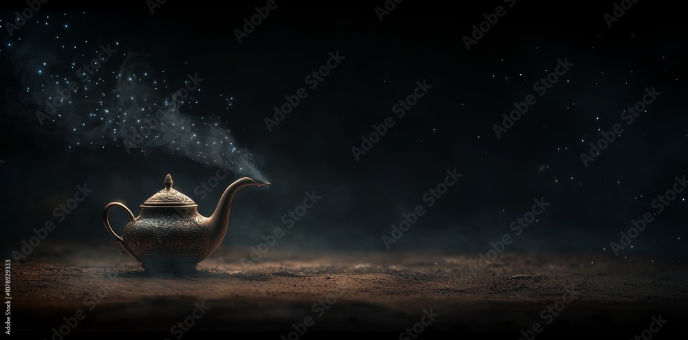 Naklejka premium Nighttime magic of an Aladdin lamp releasing a shimmering mist of ethereal light