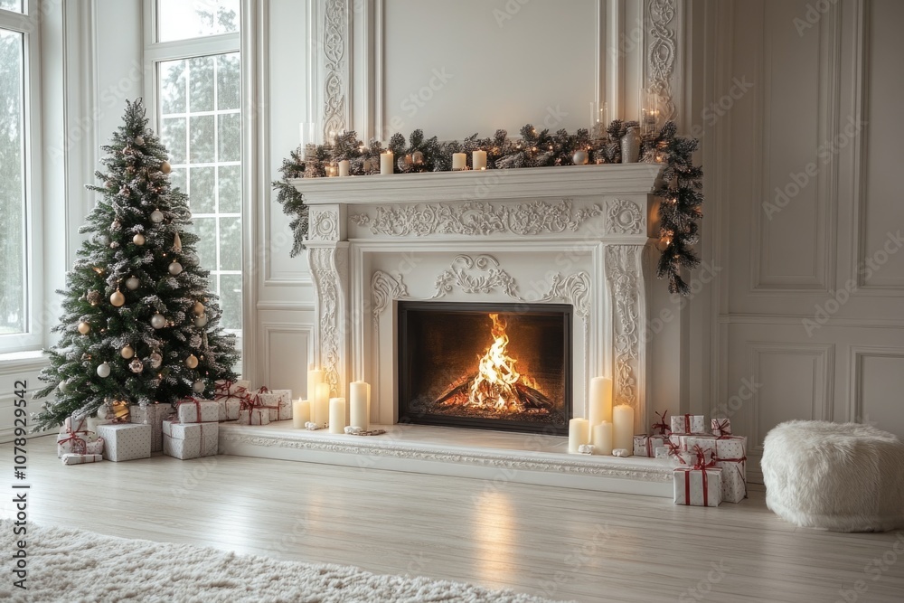 White fireplace with Christmas tree and decorations in the bright living room, festive interior design White fireplace with Christmas tree and decorations in the bright living room, festive interior design