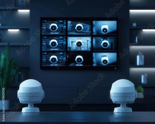 Home living room with motionsensitive cameras monitoring entry points, footage displayed on a wallmounted screen, early morning light photo