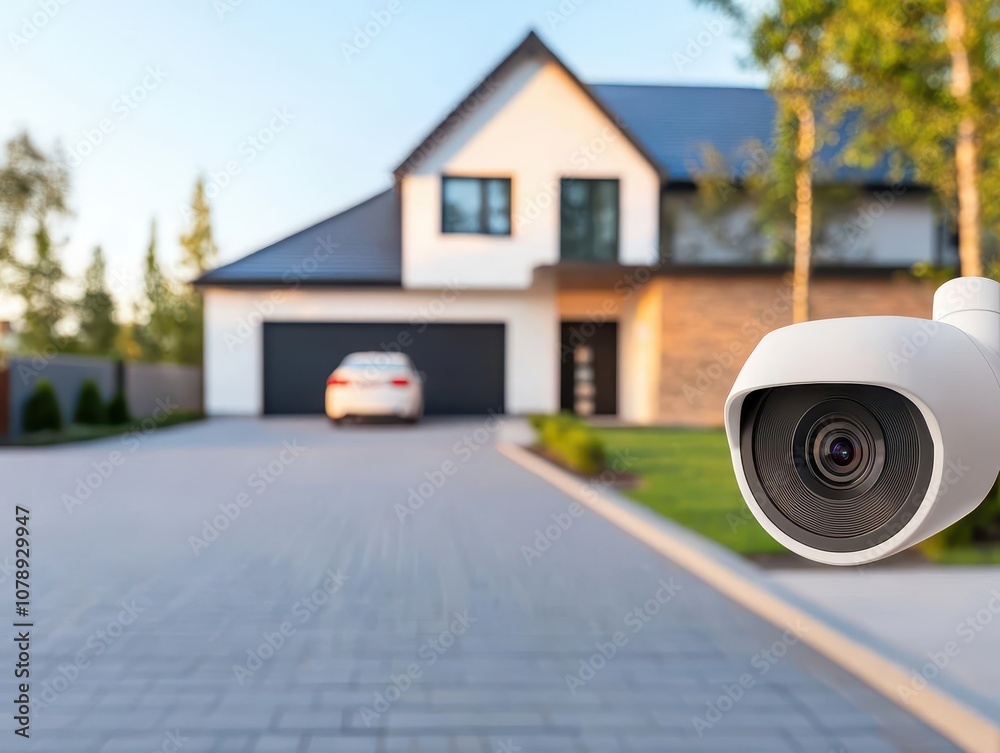 Modern driveway with sleek CCTV cameras tracking motion, live footage of a car pulling in displayed on a smart home panel, soft morning light Modern driveway with sleek CCTV cameras tracking motion, live footage of a car pulling in displayed on a smart home panel, soft morning light