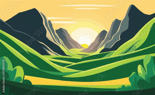 serene vector illustration of a mountain with a rising sun at its peak, symbolizing a peaceful and inspiring morning. Ideal for nature-themed designs, landscapes, and travel-related content.