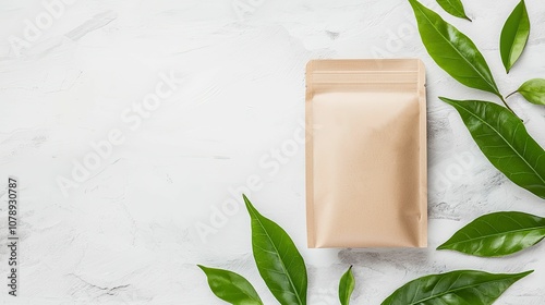 Wallpaper Mural Mockup product concept, A neutral-toned pouch surrounded by fresh green leaves, set against a light background, conveying a natural and eco-friendly aesthetic. Torontodigital.ca