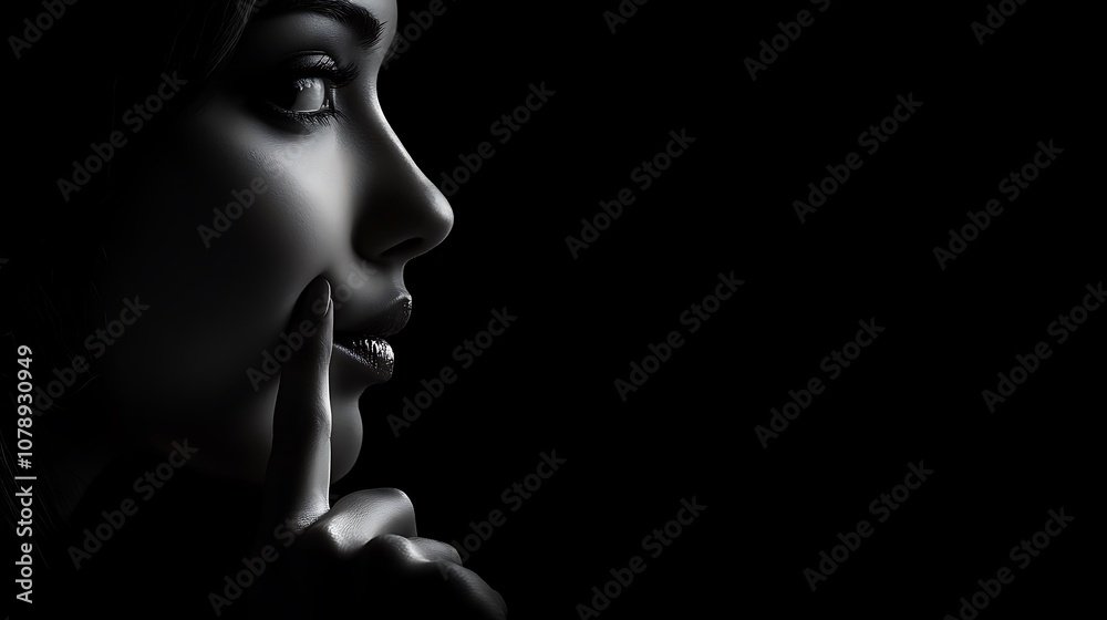 A woman's profile in black and white, her finger on her chin, looking away. A woman's profile in black and white, her finger on her chin, looking away.