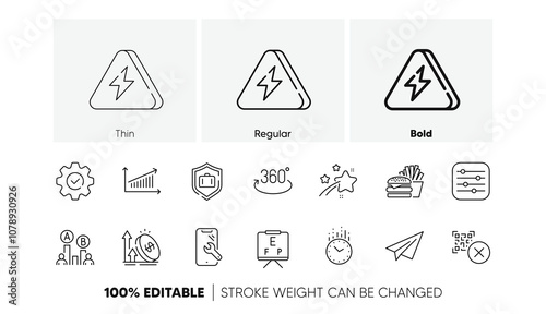 Full rotation, Burger and Lightning bolt line icons. Pack of Luggage protect, Falling star, Vision board icon. Excise duty, Chart, Qr code pictogram. Filter, Time, Smartphone repair. Vector
