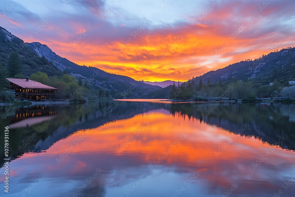 A vibrant sunset reflecting on a calm lake, creating a picturesque scene for relaxation or meditation. A vibrant sunset reflecting on a calm lake, creating a picturesque scene for relaxation or meditation.