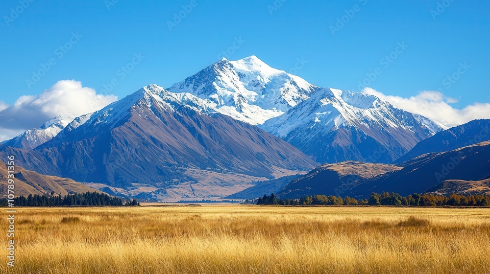 Fototapeta premium Majestic snow-capped mountains stand tall against a clear blue sky, framed by golden grassy plains, showcasing the beauty of nature in a breathtaking landscape.