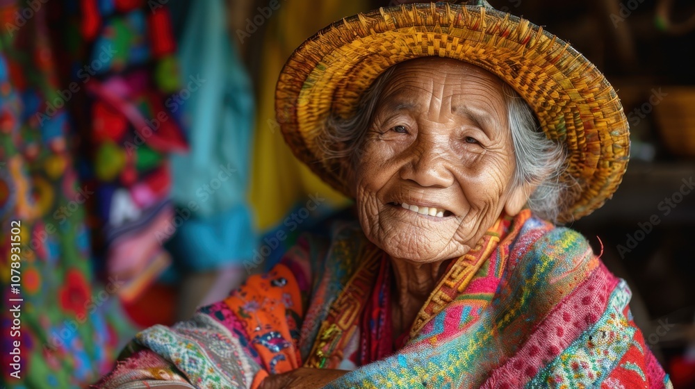 Against a colorful backdrop, a thoughtful elderly woman's contemplative pose reflects on a lifetime of memories and lessons learned Against a colorful backdrop, a thoughtful elderly woman's contemplative pose reflects on a lifetime of memories and lessons learned