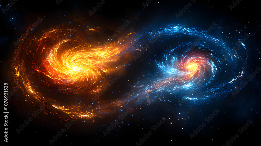 Two galaxies merging, one large and the other small, with their swirling arms intertwined in a cosmic dance, illustrating the awe-inspiring power and beauty of the universe, capturing the moment of ga