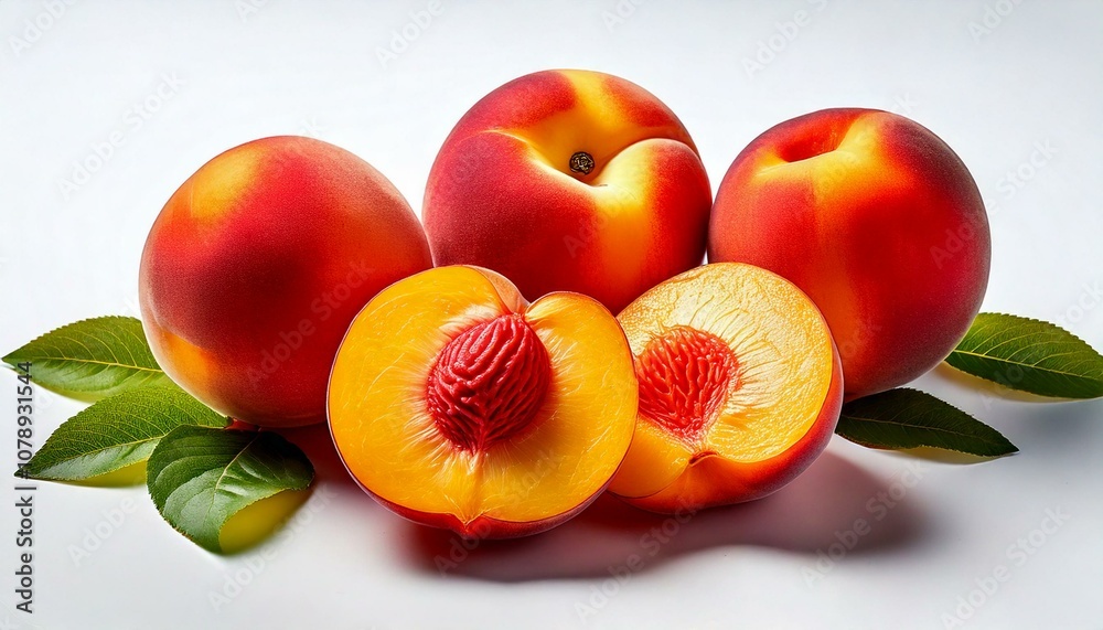 Freigestellte Pfirsiche mit geschnittenen Hälften – Fruchtiges Motiv für sommerliche Rezepte