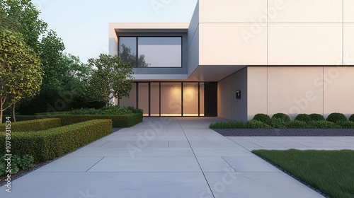 Modern home exterior with CCTV cameras focused on the garden, motion detected as someone walks by, footage displayed on a wallmounted screen