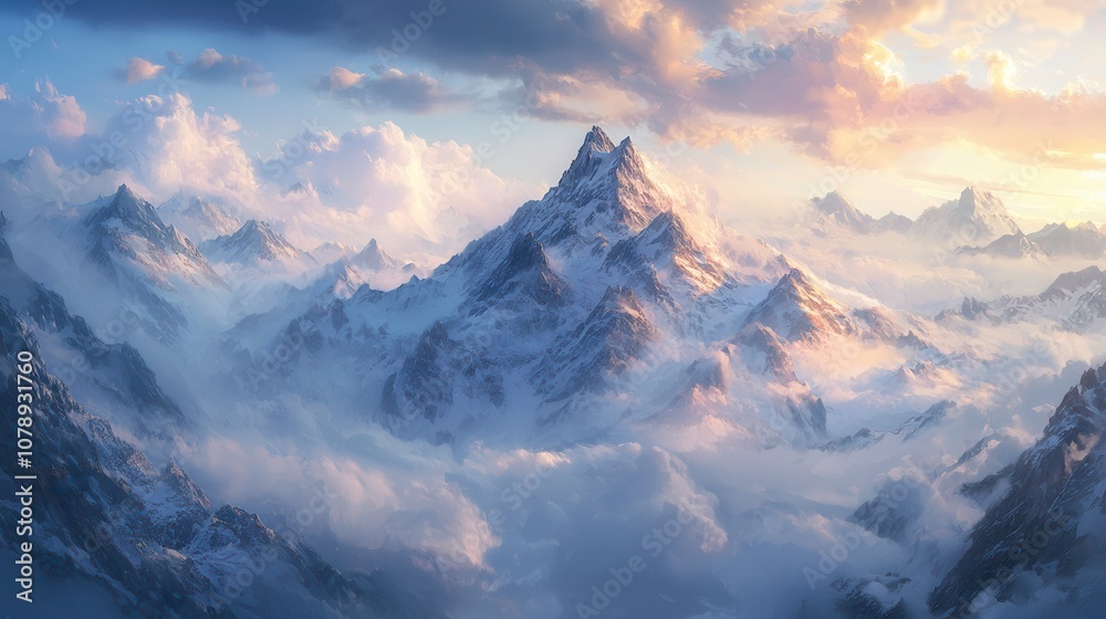 Obraz premium Breathtaking Snow-Capped Peaks Above a Lush Valley Surrounded by Ethereal Mist and Dramatic Clouds at Dawn in a Majestic Mountain Landscape